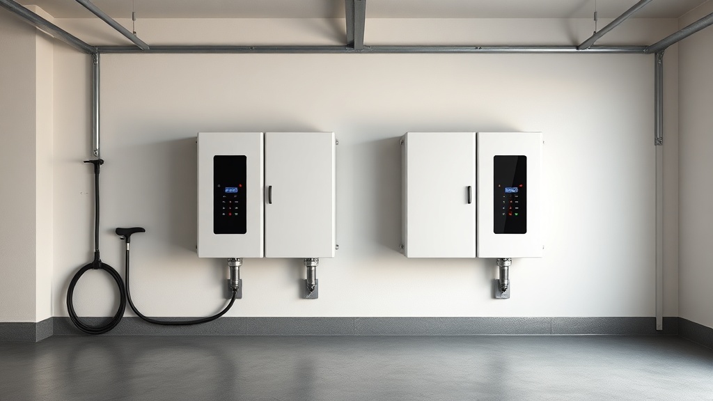 Two modern home battery storage units mounted on a garage wall