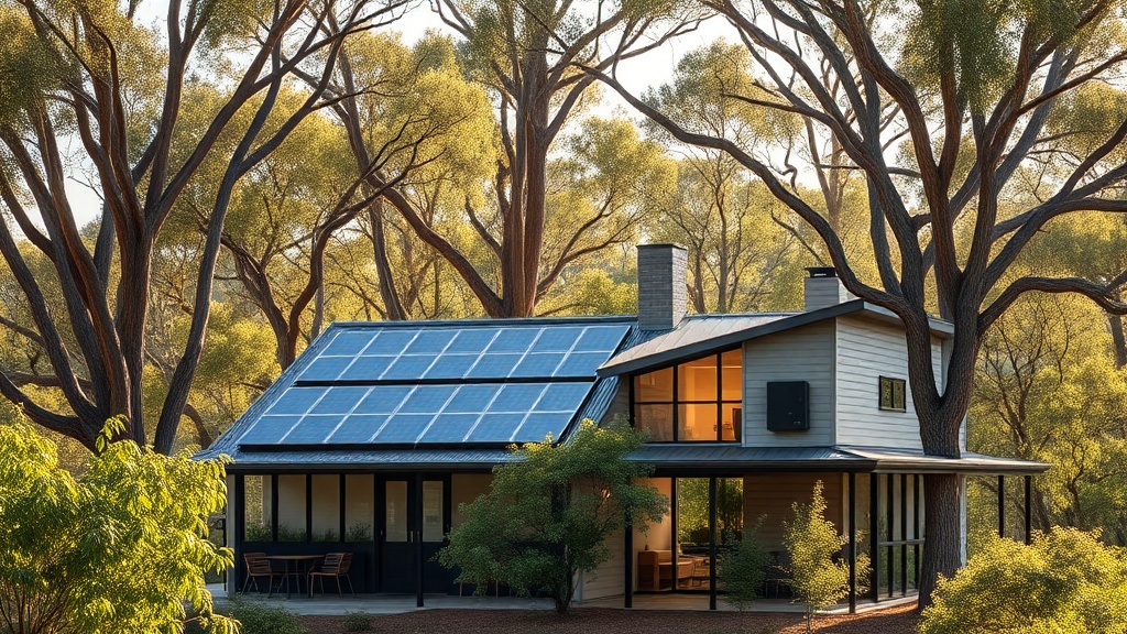 Contemporary Adelaide Hills home among gum trees with rooftop solar panels and a home battery