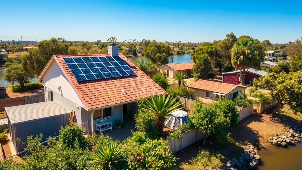 Berri Riverland home with rooftop solar panels and a home battery beside green irrigated gardens