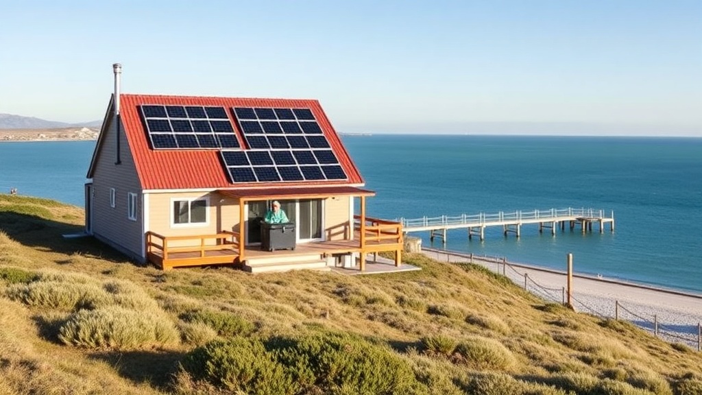 Remote Ceduna far-west-coast home with rooftop solar panels and a home battery near a calm bay