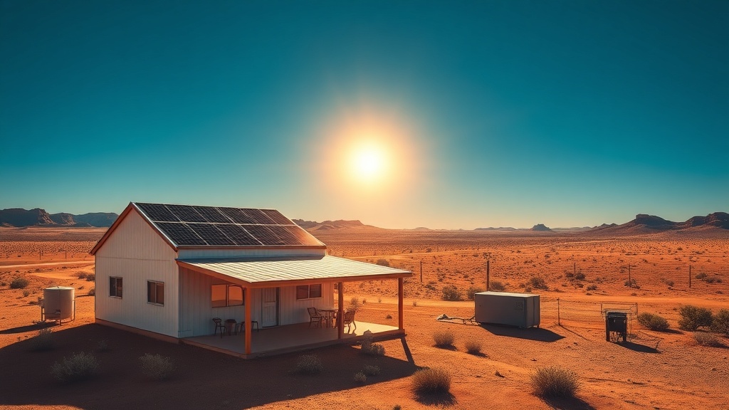 Coober Pedy outback home with rooftop solar panels and a home battery in a stark red desert landscape