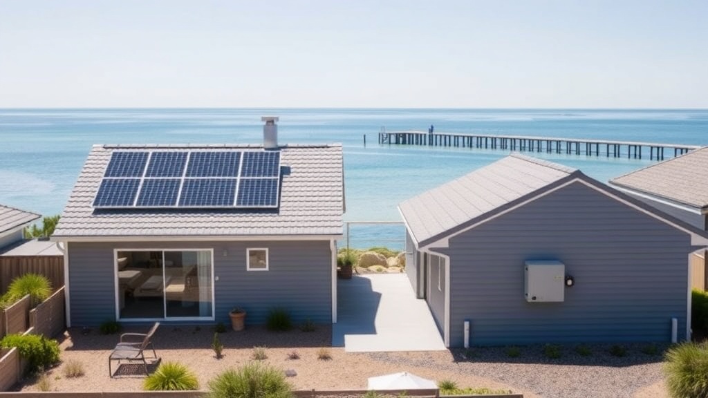 Yorke Peninsula seaside home with rooftop solar panels and a home battery overlooking the gulf