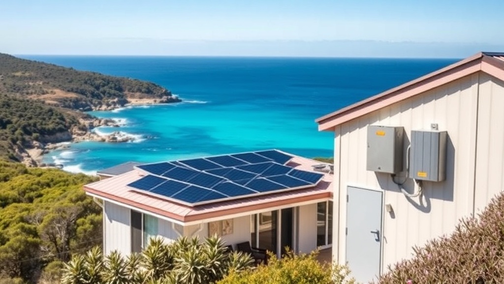Kangaroo Island coastal home with rooftop solar panels and a home battery near rugged coastline