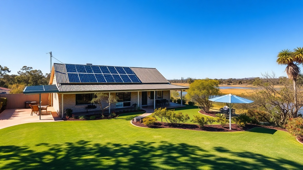 Loxton Riverland home with rooftop solar panels and a home battery beside green lawns and citrus