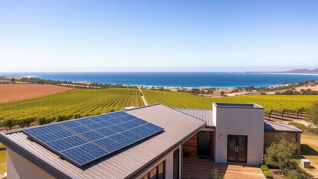 McLaren Vale home with rooftop solar panels and a home battery near vineyards and the coast