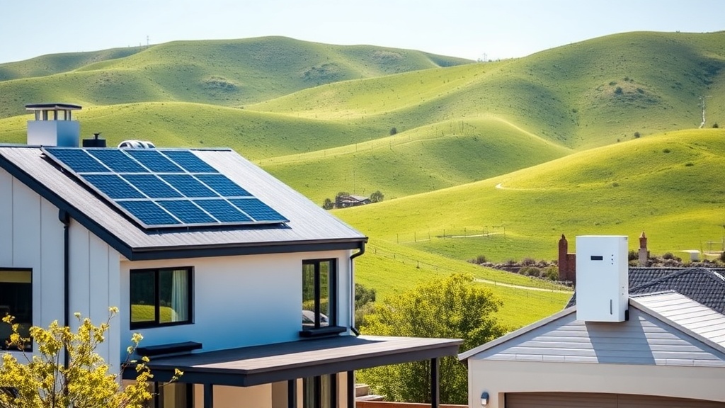 Modern home with rooftop solar and a battery against the rolling Adelaide Hills near Mount Barker