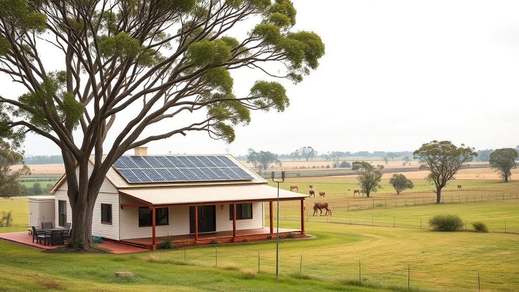 Naracoorte rural home with rooftop solar panels and a home battery among green farm paddocks