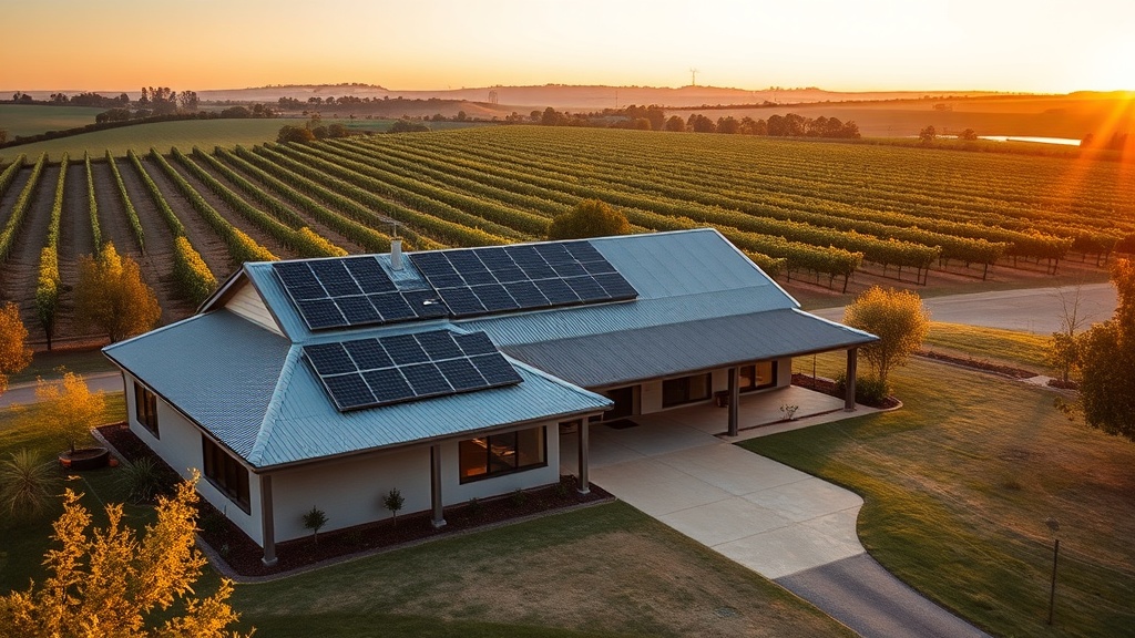 Barossa Valley home on a large block with rooftop solar panels and a home battery near vineyards