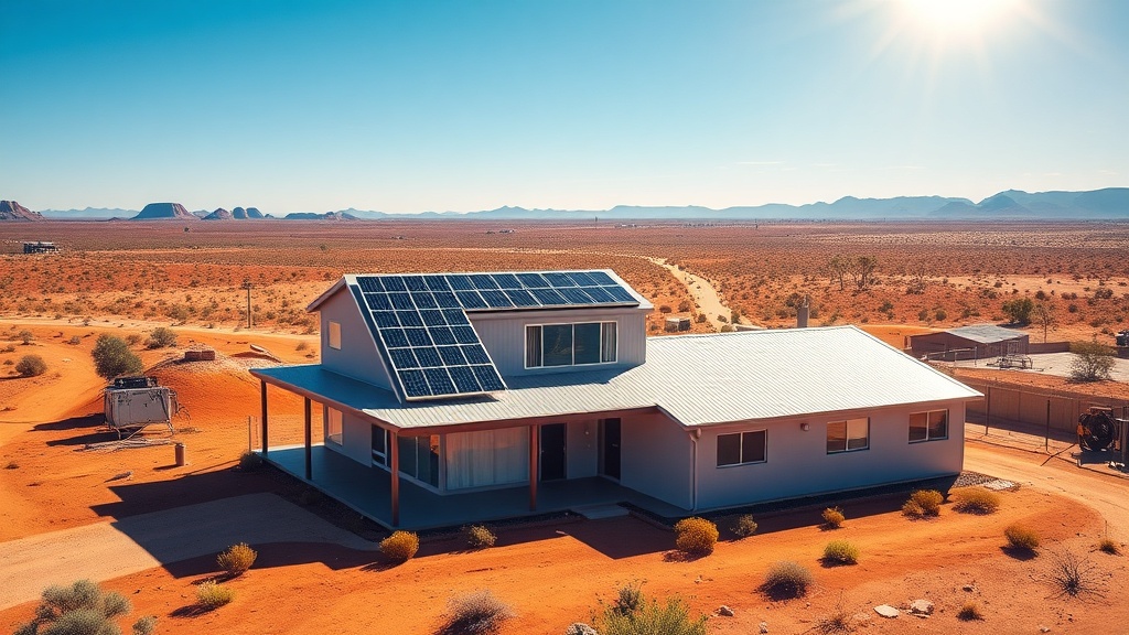 Port Augusta home with rooftop solar panels and a home battery against an arid outback landscape