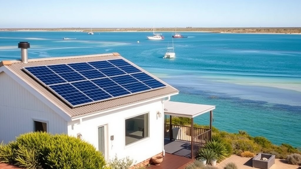 Coastal Port Lincoln home with rooftop solar panels and a home battery overlooking a fishing bay