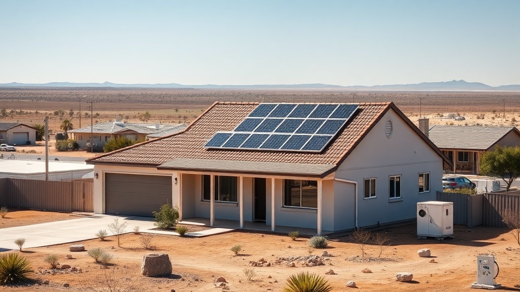 Port Pirie home with rooftop solar panels and a home battery under a hot bright sky