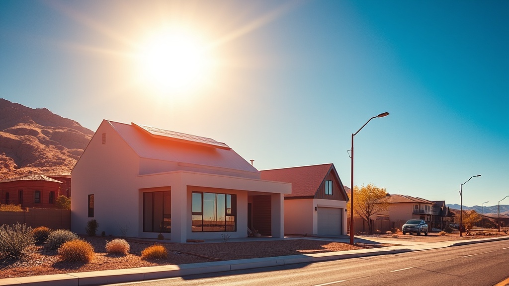 Modern Roxby Downs mining-town home with rooftop solar panels and a home battery in a desert setting