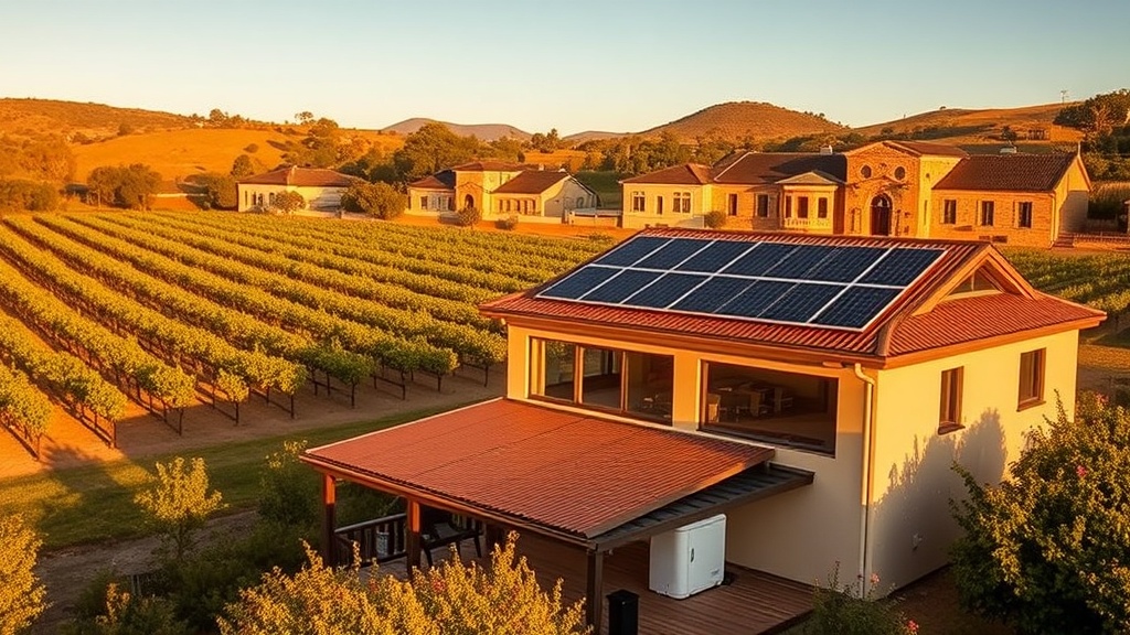 Tanunda Barossa home with rooftop solar panels and a home battery near vineyards and stone cellars