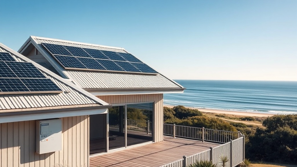 Coastal Fleurieu home near the beach with rooftop solar panels and a wall-mounted home battery