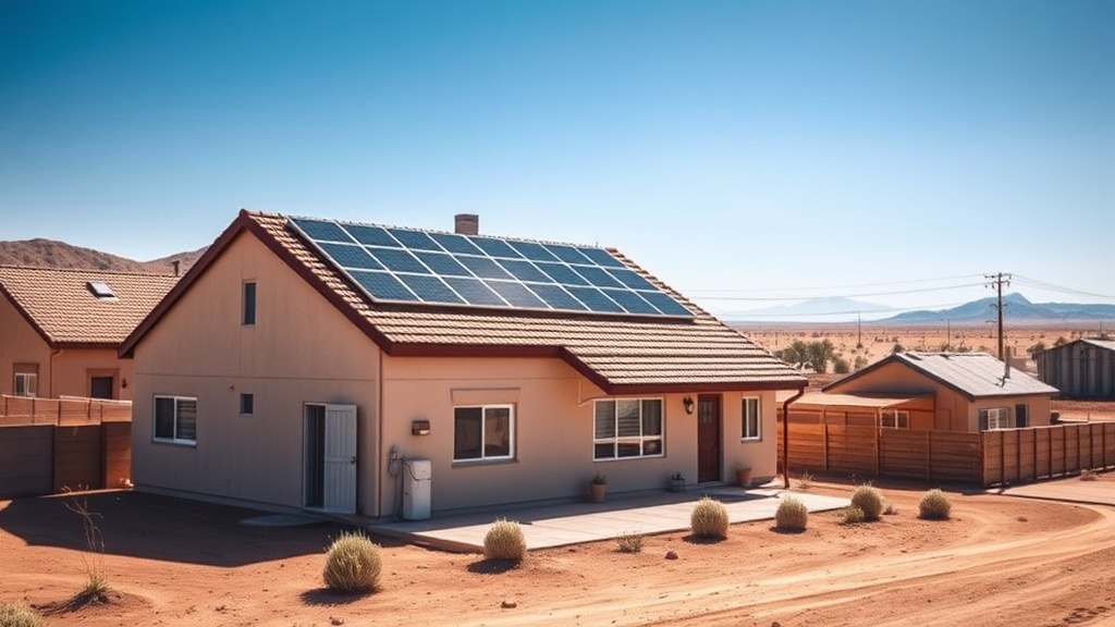 Whyalla family home with rooftop solar panels and a home battery under a hot bright sky