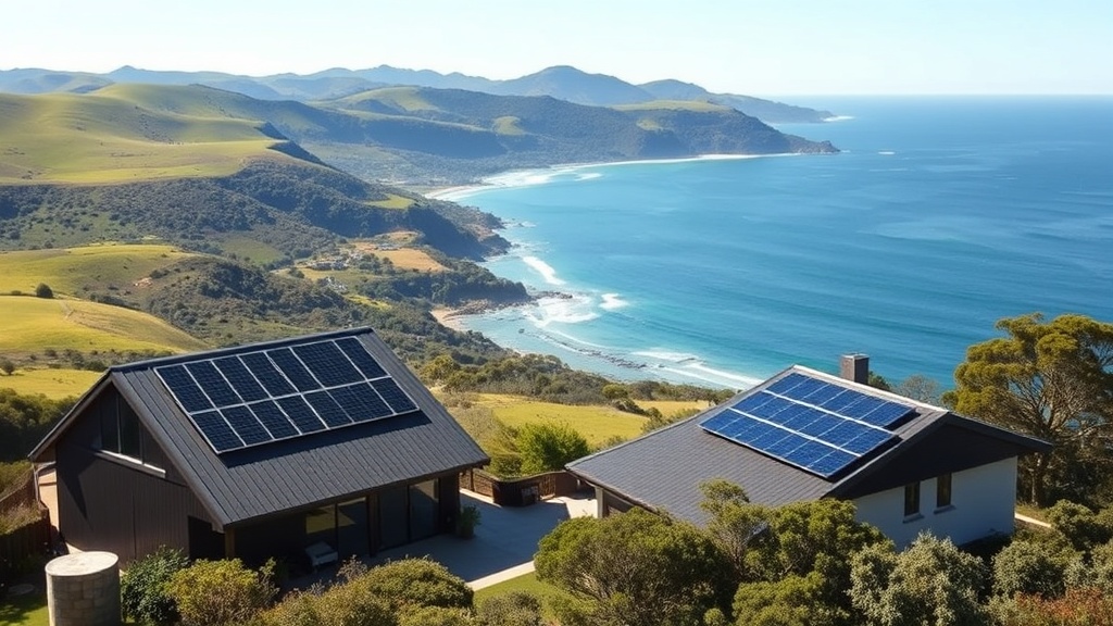 Southern Fleurieu home near Yankalilla with rooftop solar panels and a home battery above a blue bay