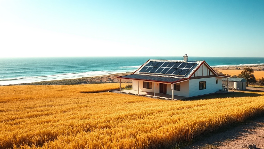 Southern Yorke Peninsula farmhouse with rooftop solar panels and a home battery near golden fields and coast