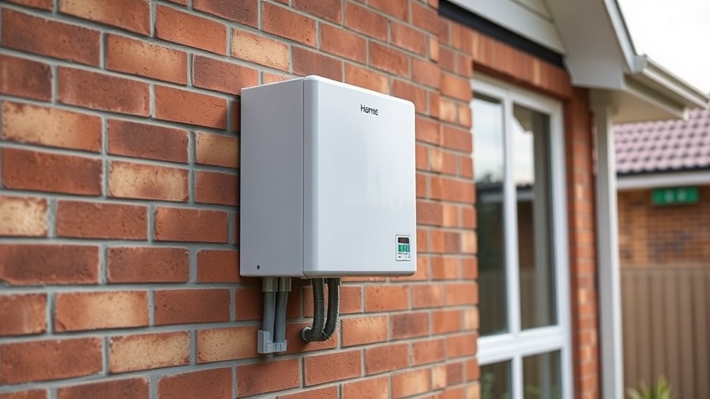 White home battery unit mounted on the brick wall of an Australian house