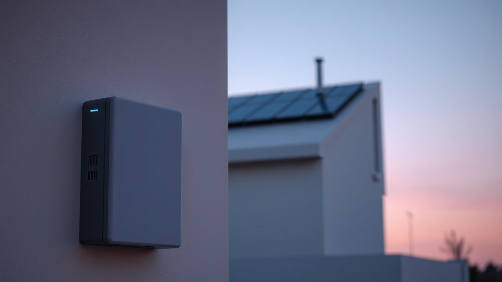 Home battery glowing at dusk beneath rooftop solar panels