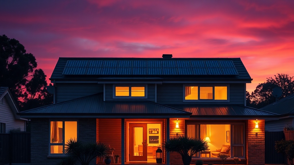Australian family home at dusk with rooftop solar and warm interior lights