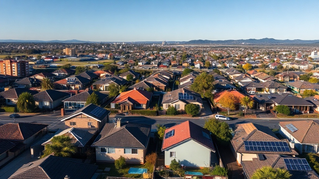 Aerial view of Adelaide suburban rooftops covered in solar panels