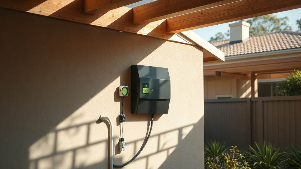 Home battery on a shaded exterior wall under a pergola in summer sun