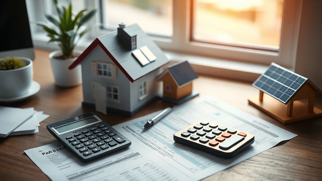 Desk with calculator, power bills and a model house with solar panels