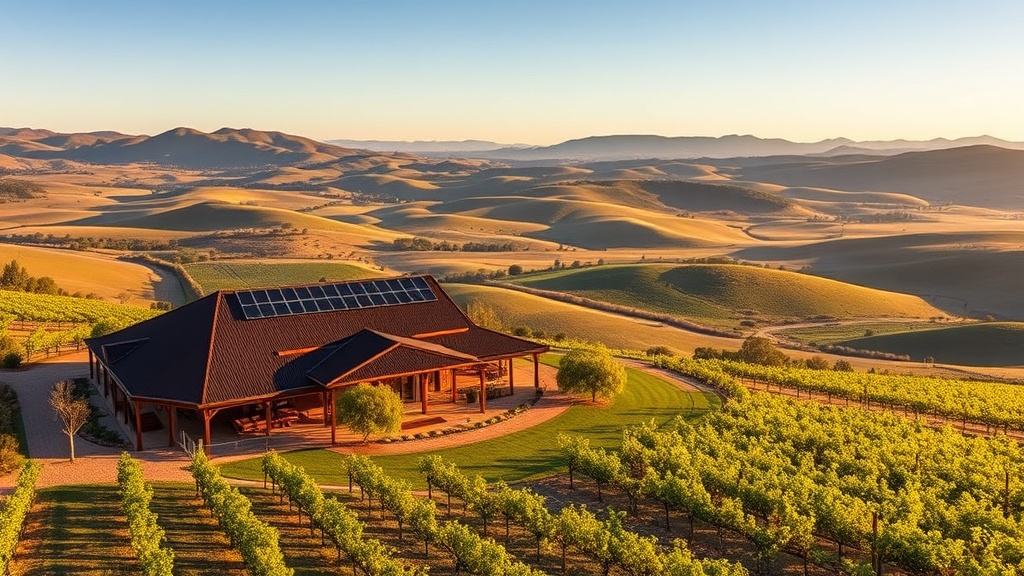Barossa Valley rural home with large roof, solar panels and a home battery among vineyards