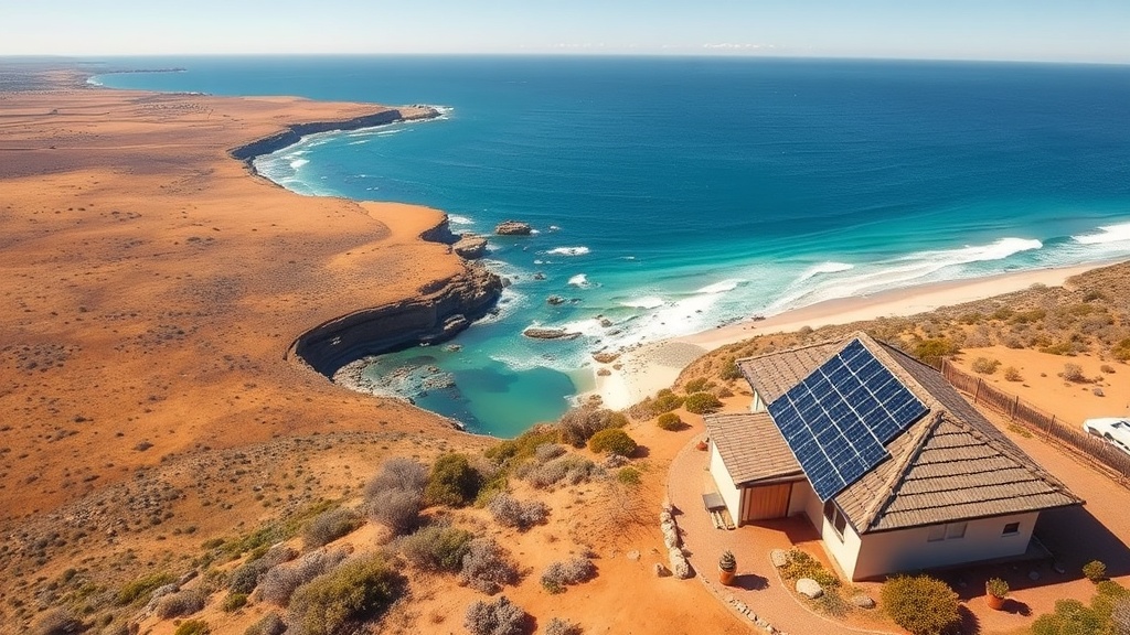 Eyre Peninsula coastal home with rooftop solar panels and a home battery under a bright hot sky