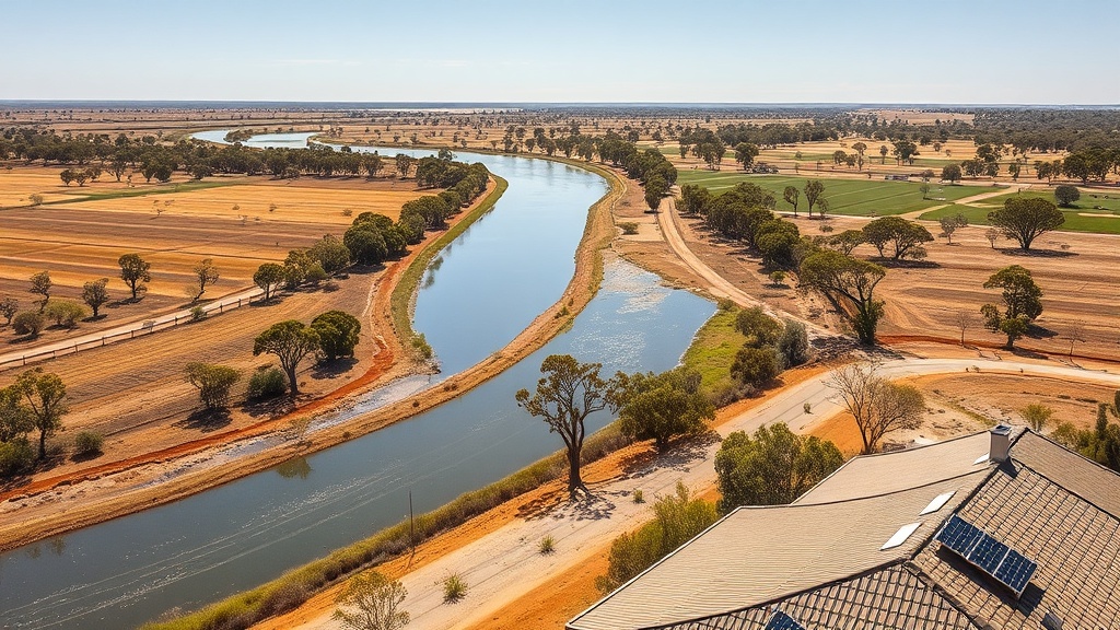 Riverland home along the Murray River with rooftop solar panels and a home battery under a hot sky