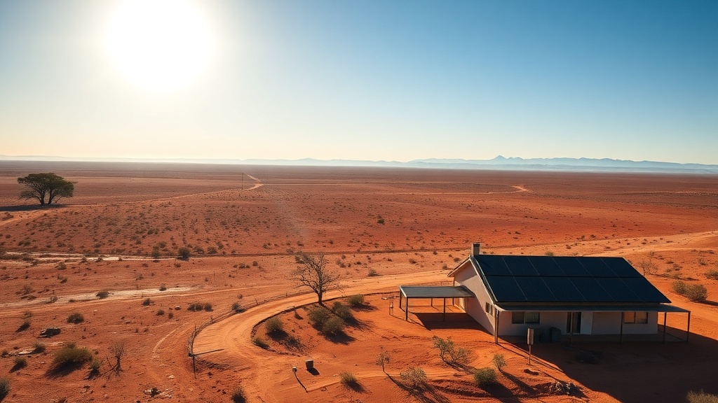 Spencer Gulf regional home with rooftop solar panels and a home battery under an arid bright sky