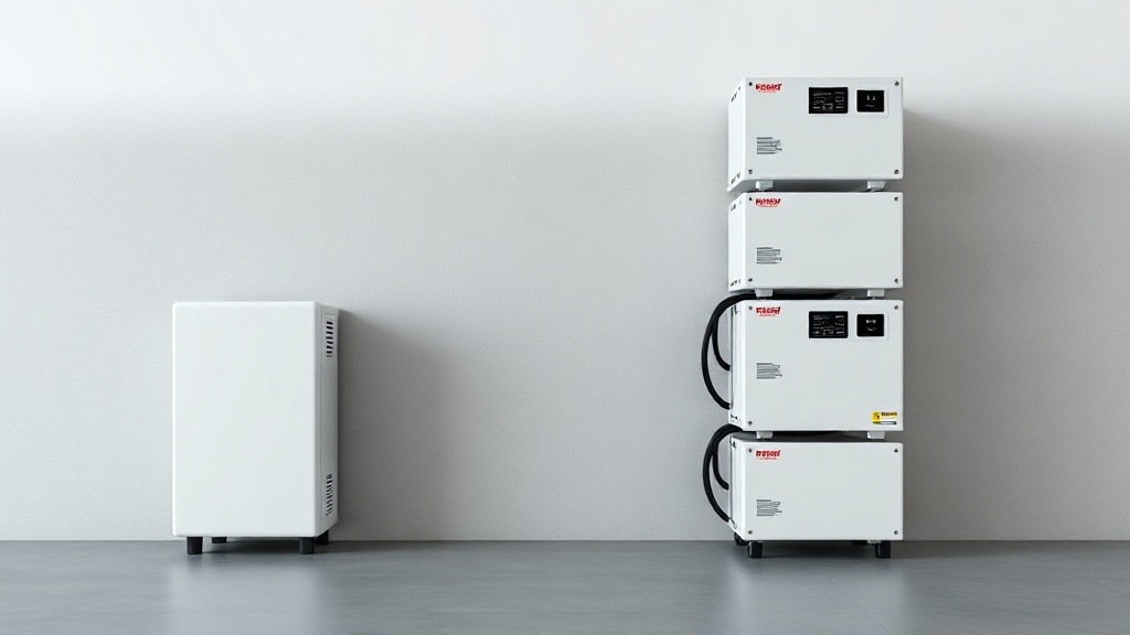 Single home battery beside a modular stacked battery tower
