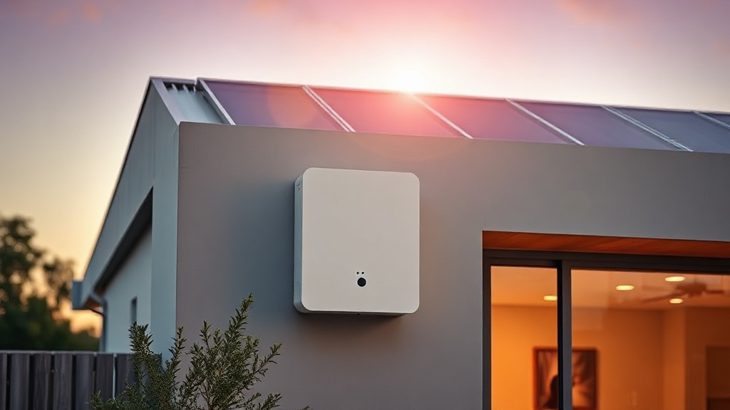 Sleek white wall-mounted home battery on a contemporary home at golden hour
