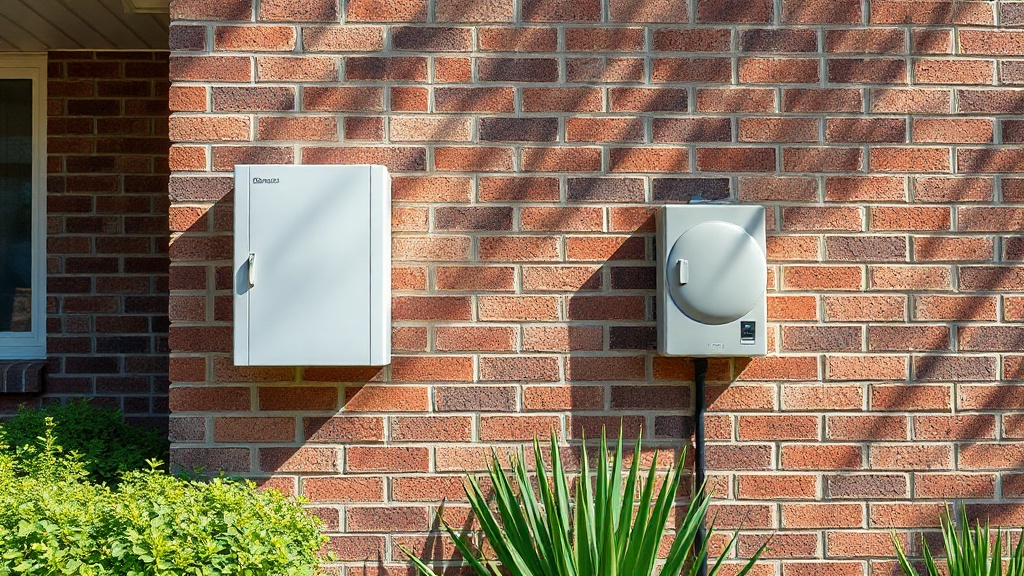Mid-sized home battery on a brick home exterior beside a meter box