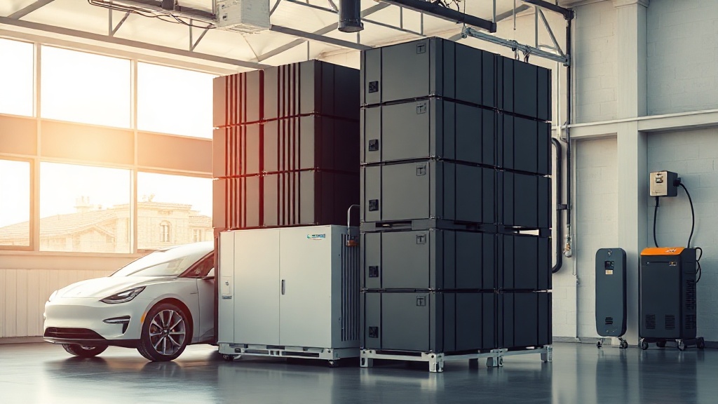 Large modular home battery system in a garage beside an electric car