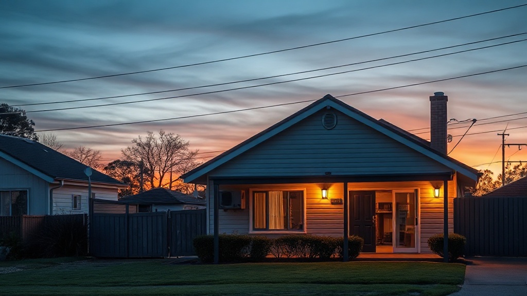 Suburban home at evening with a home battery and transmission lines in the distance