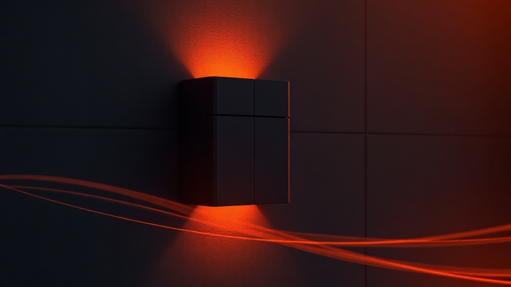 Modern home battery with glowing amber energy light trails at dusk
