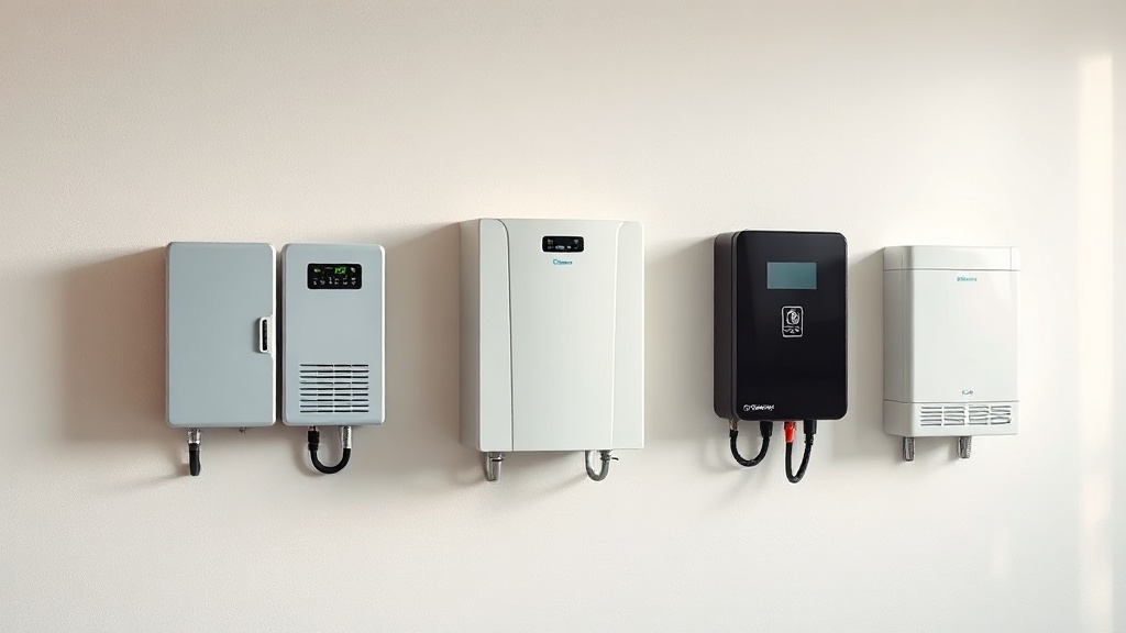 Three different home battery units mounted along a clean wall
