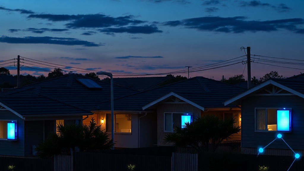 Row of suburban homes at dusk with glowing home batteries suggesting an energy network