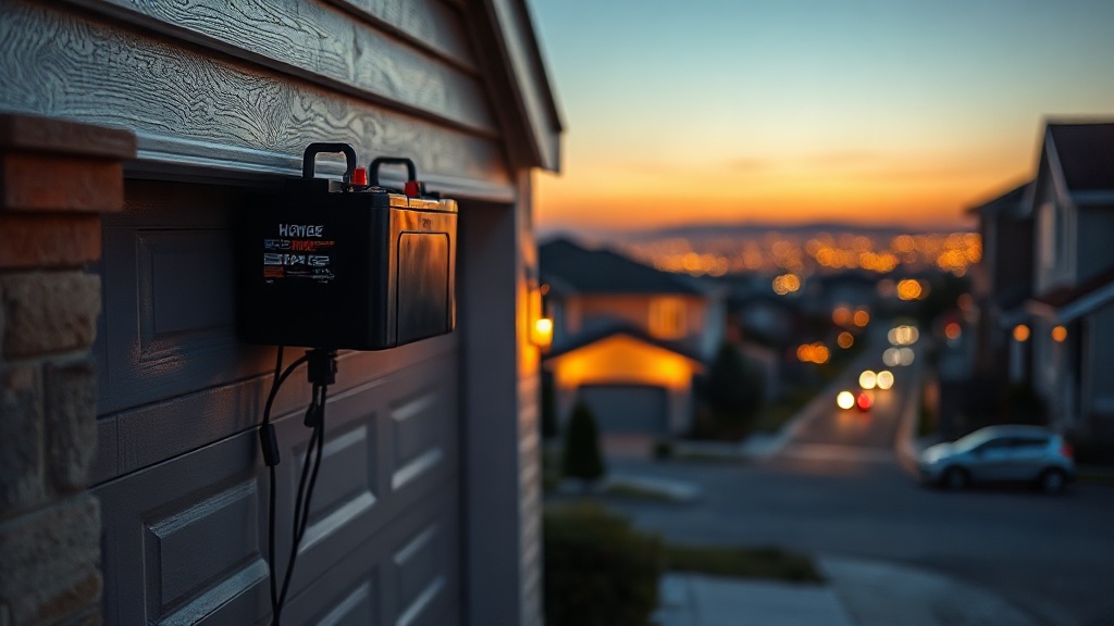 Home battery glowing softly at twilight on a suburban street