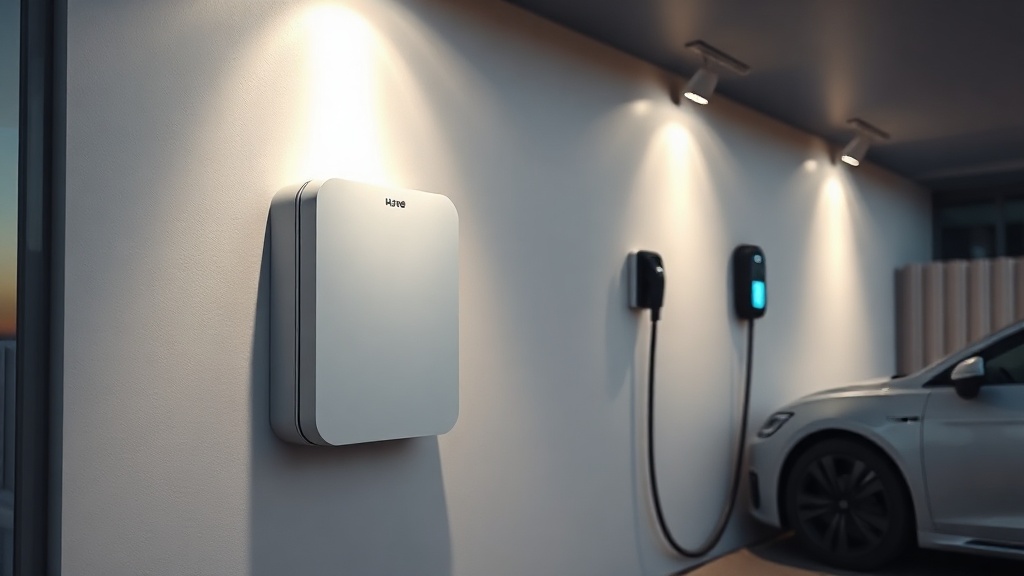 White home battery on a garage wall at dusk beside an EV charging cable
