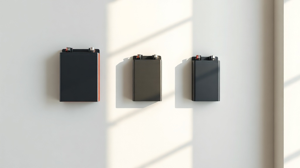 Three home batteries of different sizes arranged small to large